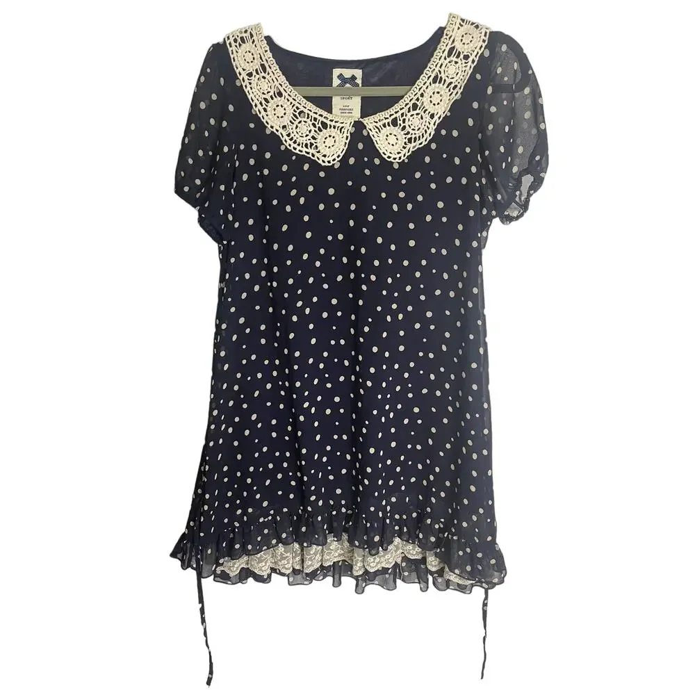 La Chapelle Mini Dress Polka Dot Lace Coquette Victorian Cottagecore Peter Pan M